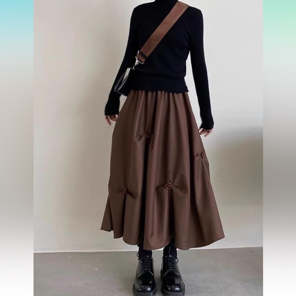 Chouyatou Brown Floral Rose Applique A-Line Pleated Swing Midi Skirt Large - Picture 7 of 8